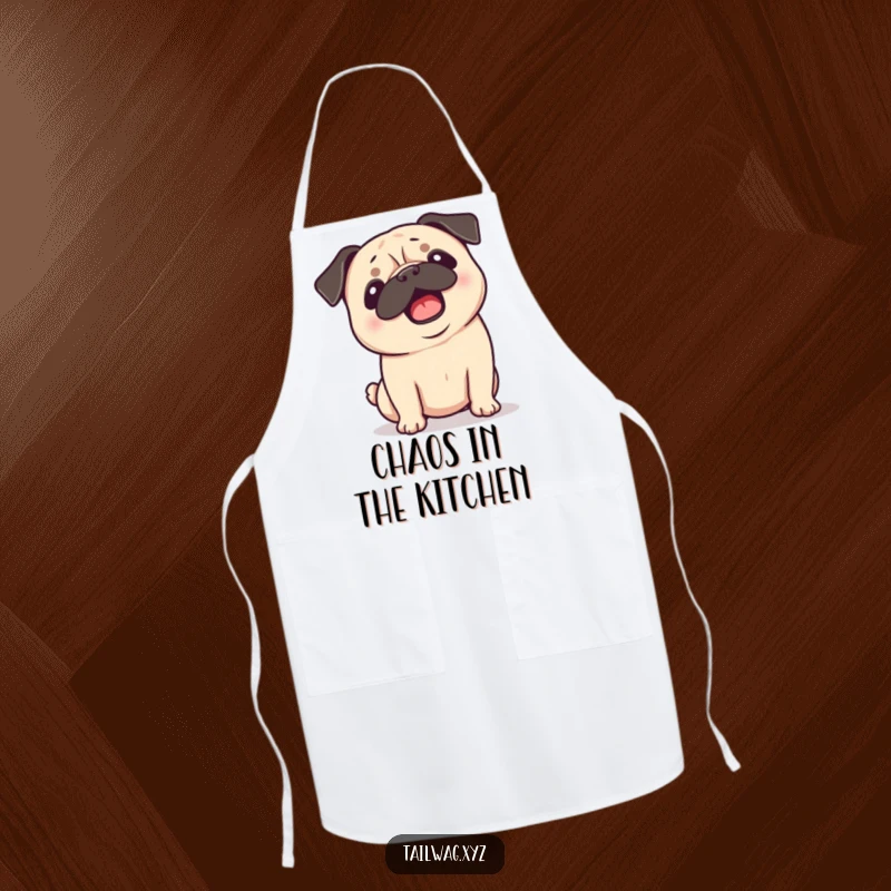 Funny Pug Apron: Playful pug shaking its head with ears flopping, a humorous kitchen item for cooking enthusiasts.