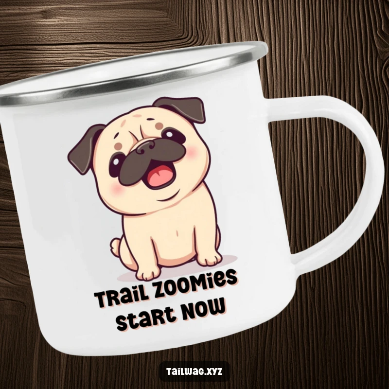 Funny Pug Camping Mug: Playful pug shaking its head with ears flopping, an enamel mug for outdoor fun.