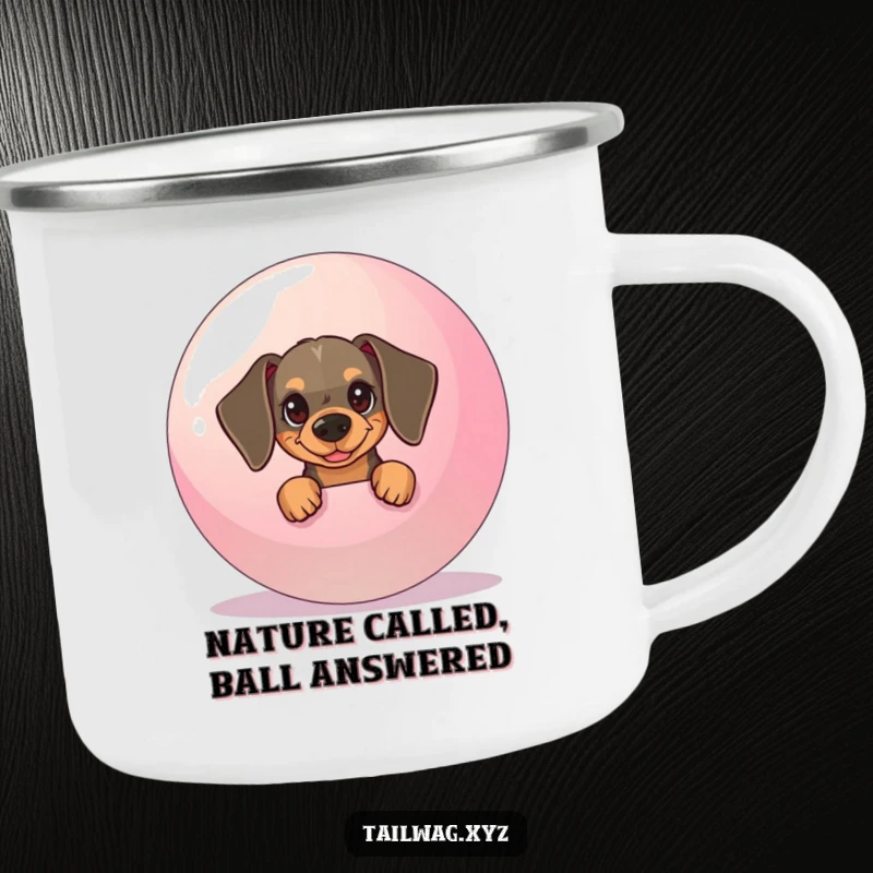 Funny Dachshund Camping Mug: Mischievous pup peeking from behind a large ball, a durable and humorous camping cup.