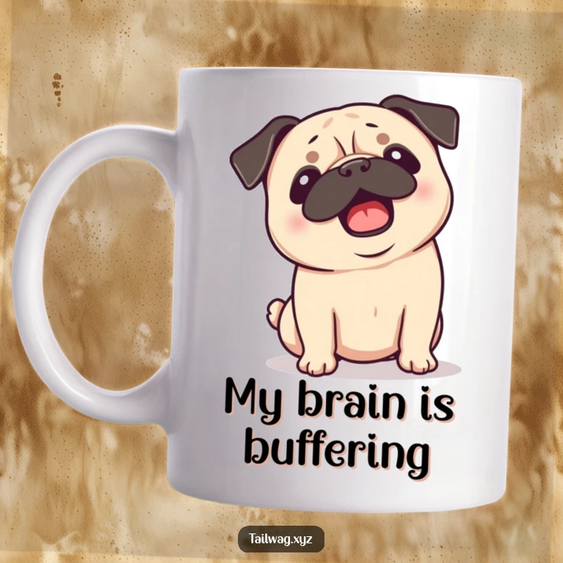 Funny Pug Mug: Playful dog with floppy ears shaking its head excitedly, panting with joy, perfect for dog enthusiasts.