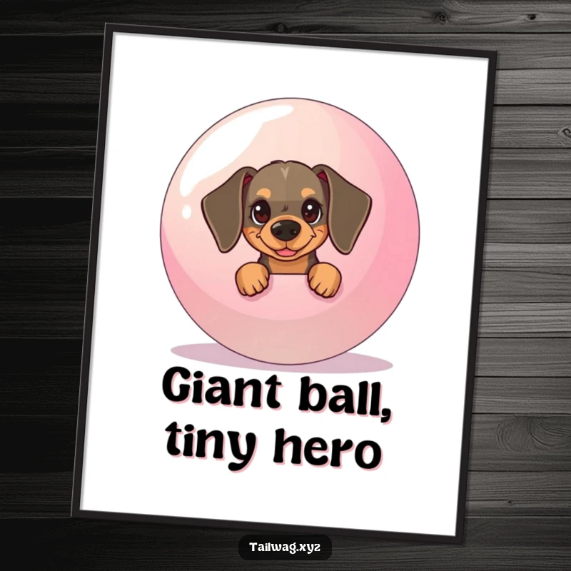 Funny Dachshund Digital Art: Mischievous pup peeking from behind a giant ball, a high-resolution humorous illustration.