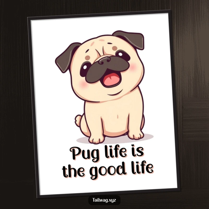 Funny Free Printable Wall Art of a happy, panting pug with floppy ears shaking its head with pure enthusiasm.
