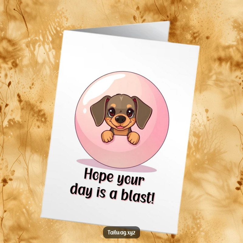 Funny Free Printable Birthday Card of a mischievous dachshund pup peeking from behind a huge, colorful bouncy ball.