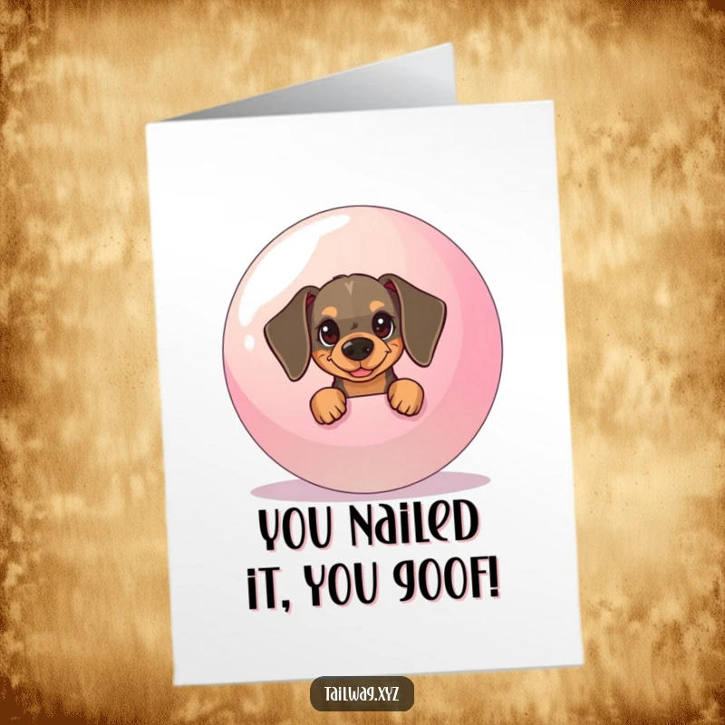 Funny Free Printable Congratulations Card showing a sly dachshund pup peeking over a giant, vibrant bouncy ball.