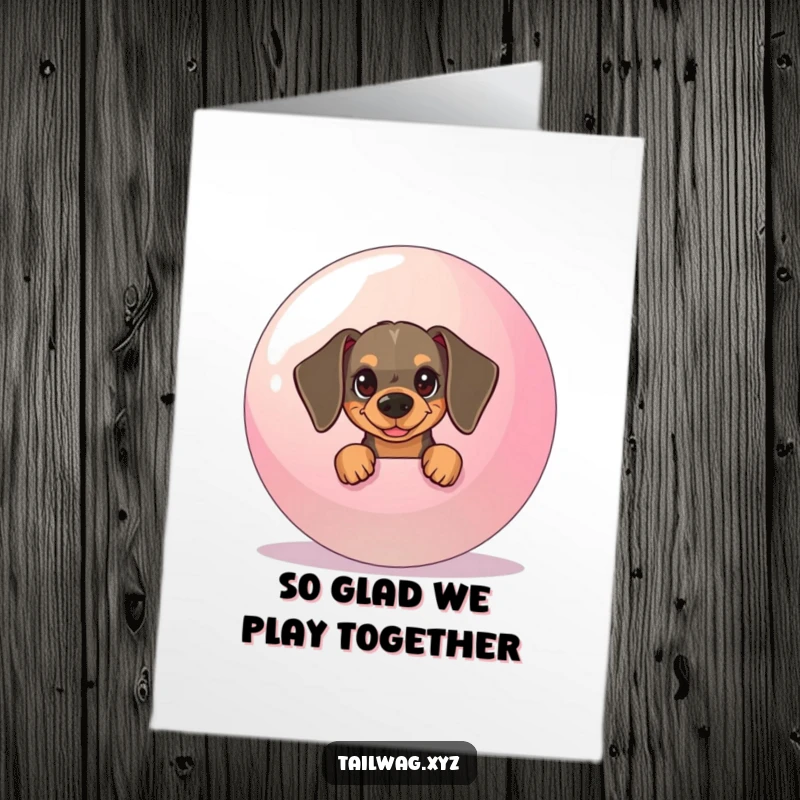 Funny Free Printable Thank You Card of a cute dachshund pup peeking curiously from behind an enormous bouncy ball.