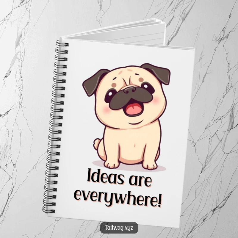 Funny Pug Notebook: A playful pug shaking its head with ears flopping adorns this journal, ready for notes.