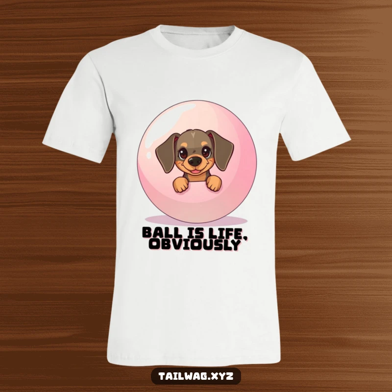 Funny Dachshund T-Shirt: A mischievous dachshund peeks out from behind a huge bouncy ball, capturing playful hiding.