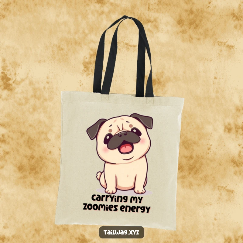 Funny Pug Tote Bag: Excited pug shaking its head with ears flopping, a whimsical accessory for carrying daily items.