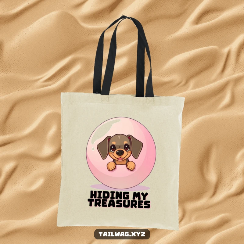 Funny Dachshund Tote Bag: Mischievous pup peeking from behind a giant ball, a humorous and practical tote.